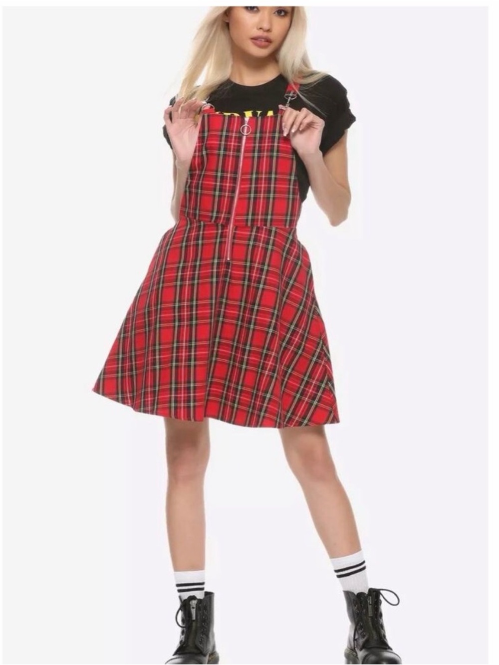 Hot Topic Red Plaid O-ring Skirtall Bondage Punk Mini Dress Large Emo Grunge - Picture 3 of 6